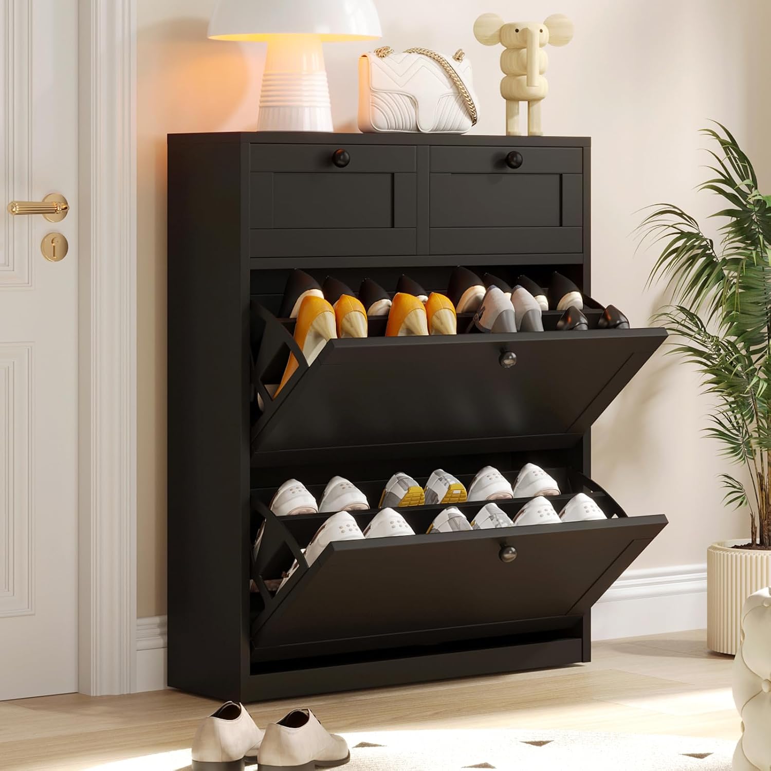 VOWNER Schoenenkast met 2 kleppen, schoenenrek schoenkipper smal, schoenenkast zwart, schoenenplank verstelbaar, met lade, 80 x 24 x 100 cm, voor de entree, gang