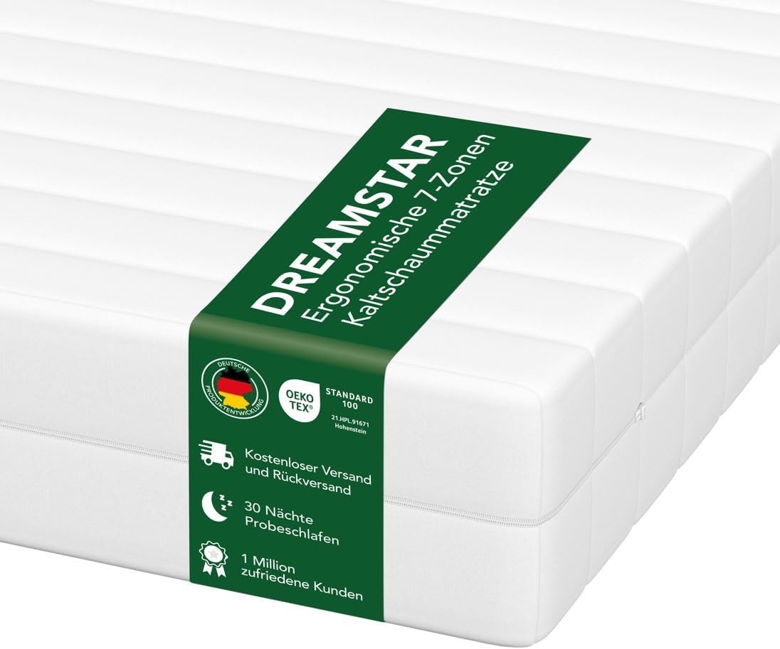 DREAMSTAR Easy Sleep matras, 140 x 200 cm, H3 (middelhard), ergonomische koudschuimmatras, hypoallergeen en antibacterieel, afneembare en wasbare hoes, Oeko-Tex, (11 cm, 140 x 200 cm)