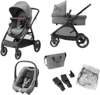 Maxi-Cosi Zelia S Trio Kinderwagen 3 in 1 Set, 0 - 4 Jaar, Tot 22 kg, Inklapbaar, Compact en Verstelbare Wandelwagen, Inclusief CabrioFix S i-Size Autostoeltje, Accessoires, Luiertas, Grijs