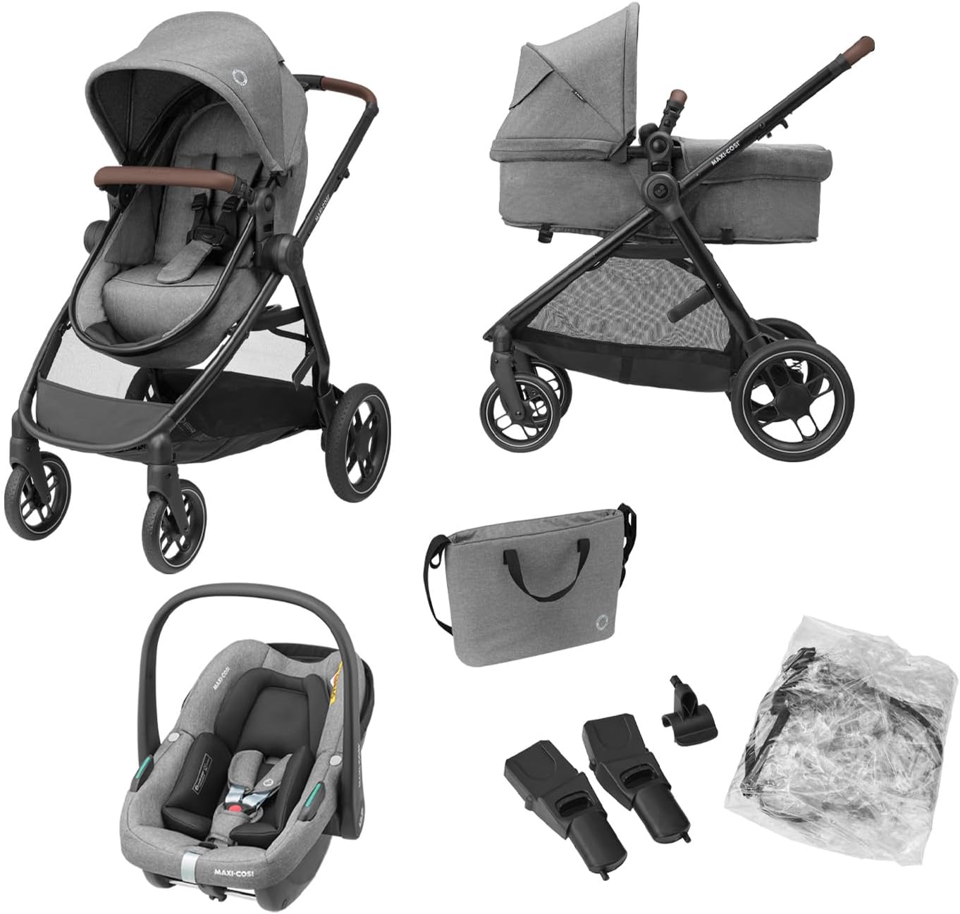 Maxi-Cosi Zelia S Trio Kinderwagen 3 in 1 Set, 0 - 4 Jaar, Tot 22 kg, Inklapbaar, Compact en Verstelbare Wandelwagen, Inclusief CabrioFix S i-Size Autostoeltje, Accessoires, Luiertas, Grijs