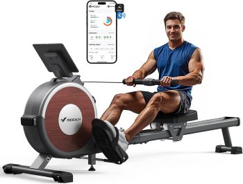 MERACH Roeimachine voor thuis, magnetische bluetooth roeimachine met 16 weerstandsniveaus, upgrade naar dubbele glijrails, maximaal draagvermogen van 160 kg, verticaal opbergen