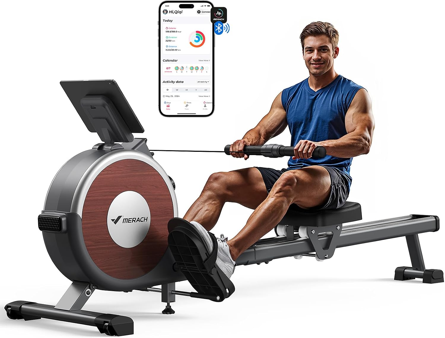 MERACH Roeimachine voor thuis, magnetische bluetooth roeimachine met 16 weerstandsniveaus, upgrade naar dubbele glijrails, maximaal draagvermogen van 160 kg, verticaal opbergen