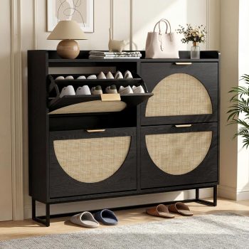 BonVache meubelschoenen hout, vier deuren, gerangschikte schuifbare schoenen, smalle ingangsschoenen, woonkamer, gang, 120 x 24 x 95.5 cm, zwart