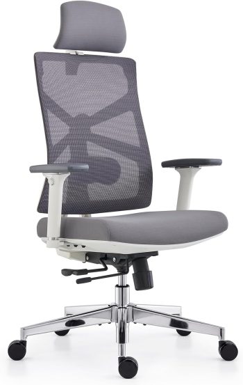 HOLLUDLE Ergonomische bureaustoel met adaptieve rugleuning, hoge rugleuning computerbureaustoel met 4D-armleuningen, verstelbare zitdiepte, lendensteun en 2D-hoofdsteun, draaibare taakstoel, wit