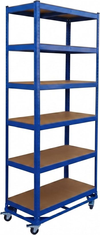 Relaxdays zwaarbelastbare stelling met wielen, HxBxD: 209 x 90 x 40 cm, 900 kg, 6 planken, staal, steeksysteem, blauw