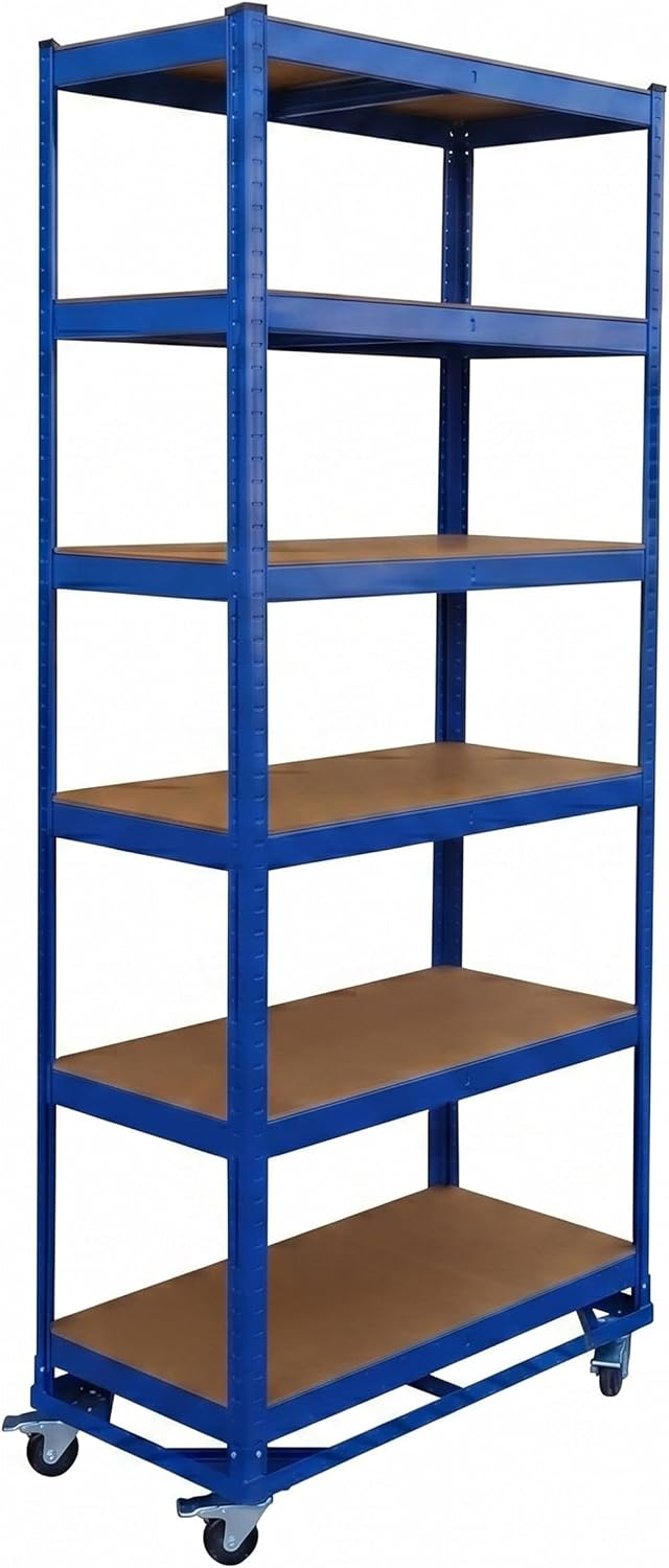 Relaxdays zwaarbelastbare stelling met wielen, HxBxD: 209 x 90 x 40 cm, 900 kg, 6 planken, staal, steeksysteem, blauw